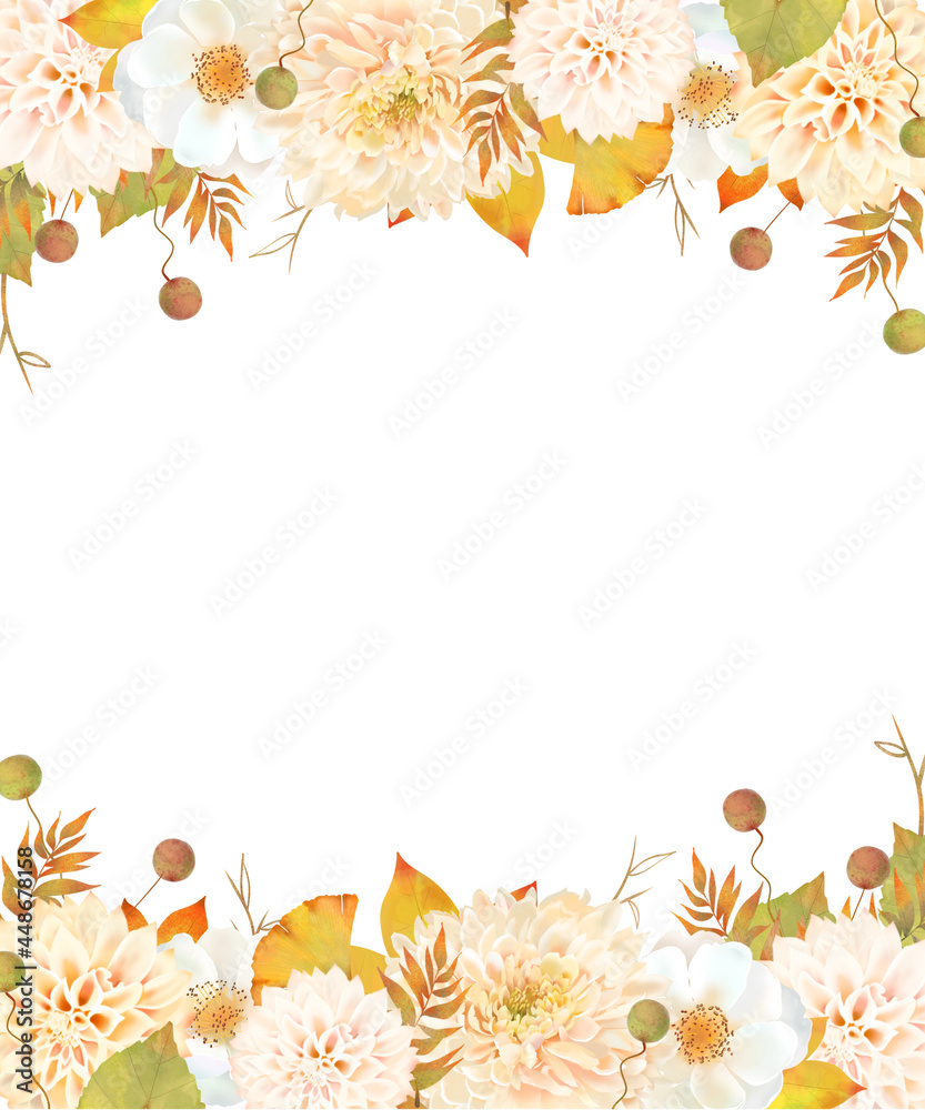 秋色の花とつぼみがある植物のレトロモダンなかわいい白バック秋フレームイラスト素材 Stock Illustration Adobe Stock