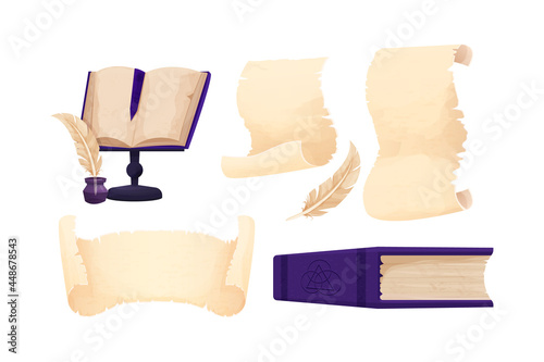 Set Old scroll of parchment, papyrus and feather pen, mystic book in cartoon style isolated on white background. Empty frame, decoration, antique manuscript. 