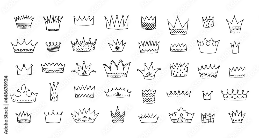 Doodle crowns. Royal king and queen decorative hand drawn symbols. Line art graffiti elements set. Prince or princess headwear. Isolated logo sketches. Vector medieval kingdom diadem icons