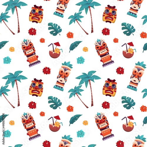 Tiki pattern. Hawaiian and Polynesian tropical masks. Summer vacation seamless background. Tribal totems and palms. Exotic flowers or cocktails. Ritual head figures. Vector illustration