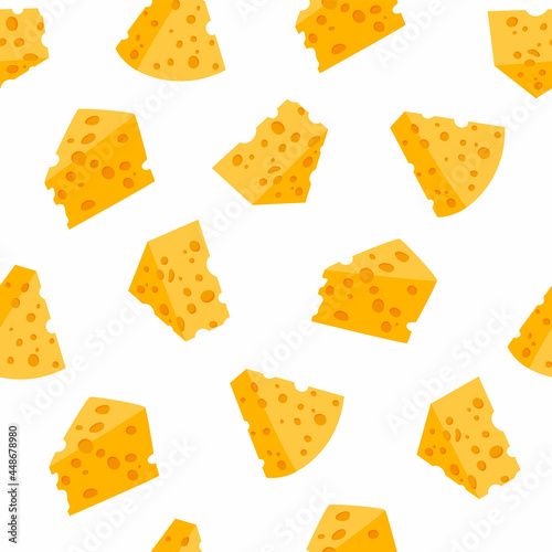 Cheese pattern. Seamless texture of organic sour milk food. Cartoon dairy products yellow pieces with holes. Natural Maasdam slices. Gourmet snack. Vector decorative print template