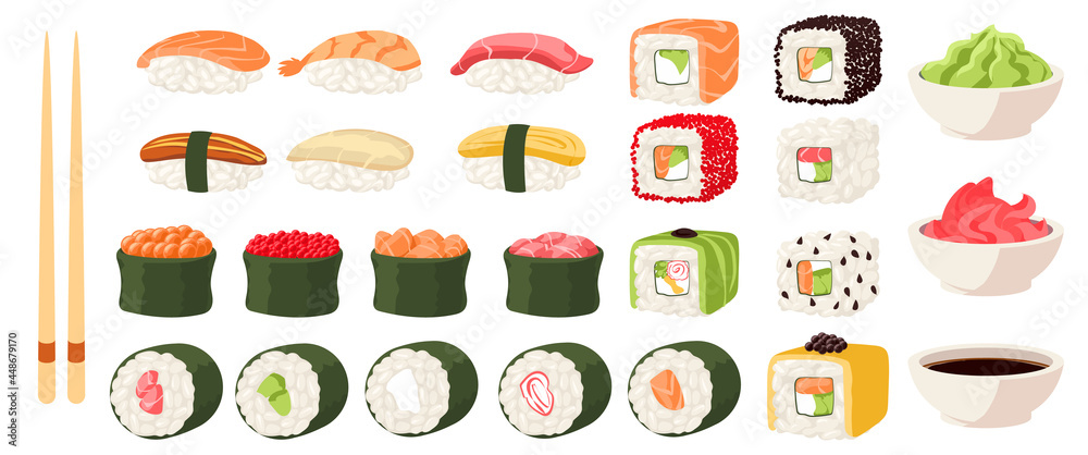 Sushi roll. Japanese rice and fish meal with vegetables or fruits. Seafood covered in nori. Wasabi and ginger. Bowl for soy sauce. Tasty sashimi. Restaurant menu. Vector Asian food set