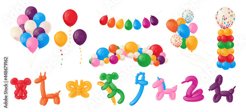 Animal balloons. Cartoon kids party helium spheres. Birthday decoration of glossy cute toys. Festive bright collection. flying inflated balls and garlands. Vector holiday elements set