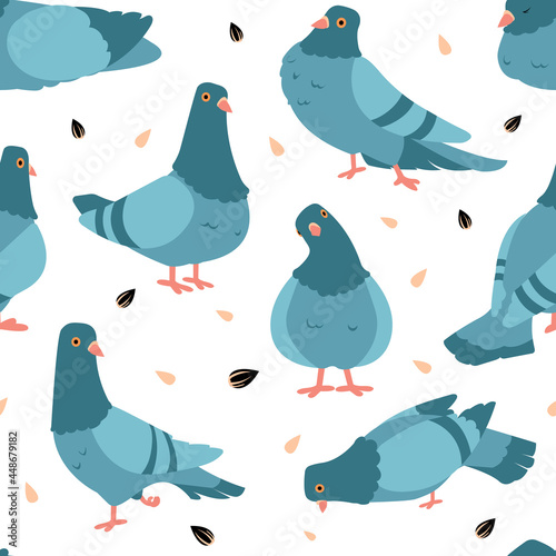 Pigeon pattern. Cartoon seamless texture of wild city birds. Flying animals flock and seeds. Standing or eating gray doves. Town fauna background. Vector print mockup with winged creatures