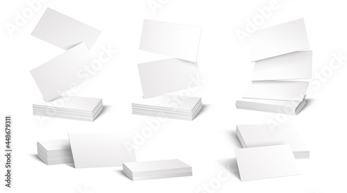 Business card mockup. Realistic blank white corporate identity paper sheets. Notes flying and lying in stacks. Office stationery. Typography print template. Vector pages for branding