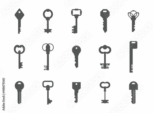 Key silhouettes. Antique and modern graphic template for logo design. House safety concept. Gray latchkey signs set. Decorative secret symbols. Home security. Vector door access icons