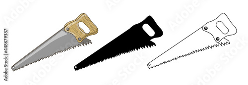 A set of three carpenter's tools - three cartoon saws, outline and black silhouette. Stock vector illustration isolated on white background.