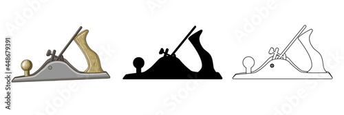 A set of three carpenter tools - three cartoon style hand planers, outline and black silhouette. Stock vector illustration isolated on a white background.