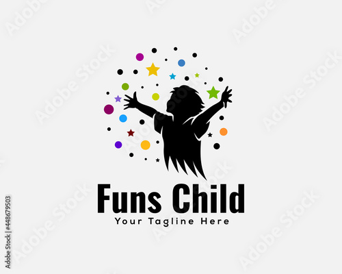 child happy fun enjoy celebration reaching star silhouette black white logo design illustration inspiration