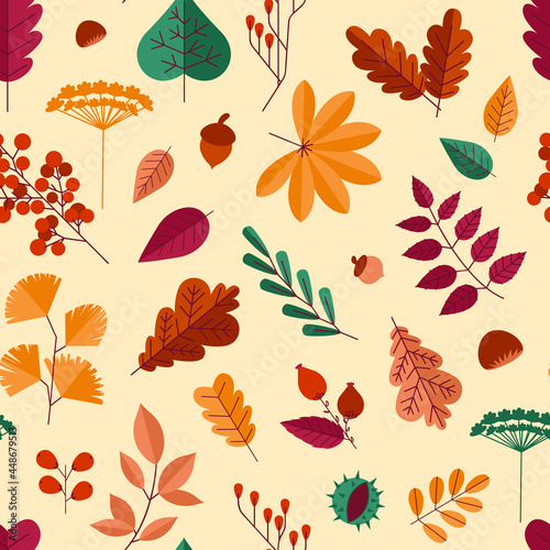 Autumn leaves pattern. Seamless texture of flying foliage. Maple and oak branches. Chestnut or rosehip berries. Rowan and acorns. Flyer and social post background. Vector leaf fall print