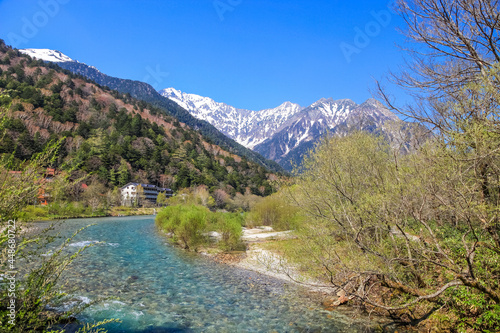 Kamikochi National Park in the Northern Japan Alps of Nagano Prefecture, Japan. Beautiful snow mountain with river. One of the most beautiful place in Japan.