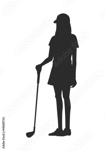 ゴルフのイラスト。女性がゴルフクラブを持って立っているシルエット。