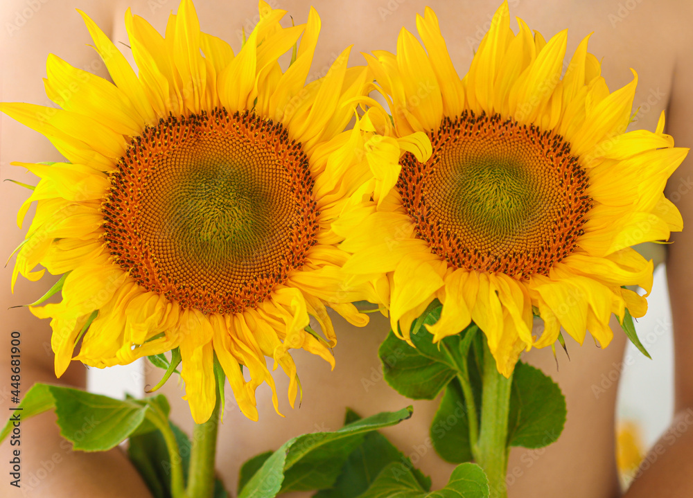 Obraz premium Close-up female body with sunflowers. Woman body care and health care concept.