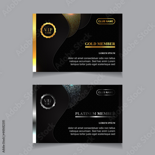 Vector VIP golden and platinum business card. Black geometric pattern background with premium design. Luxury and elegant graphic template layout for vip member