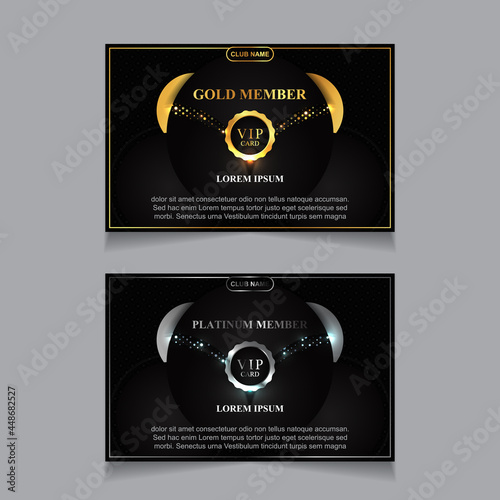 Vector VIP golden and platinum business card. Black geometric pattern background with premium design. Luxury and elegant graphic template layout for vip member