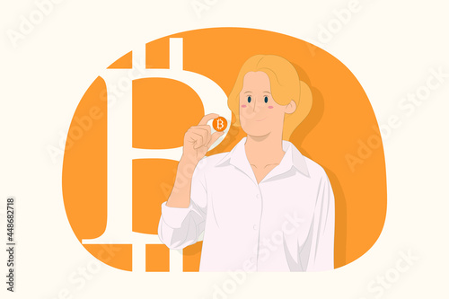 Cheerful young business woman hold bitcoin, future currency concept