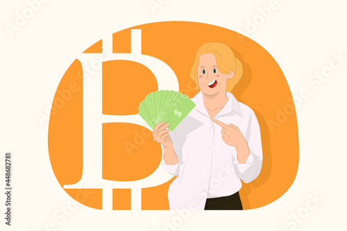 Young business woman pointing index finger on cash money concept