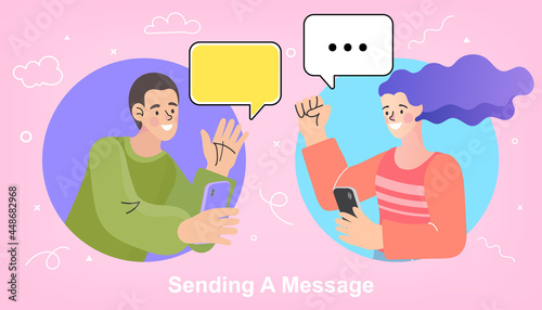 Man and woman with his phone with a chat message on a app holding it in his with a speech bubble out of the mobile device. impressed by media content from web. Vector flat style illustration.