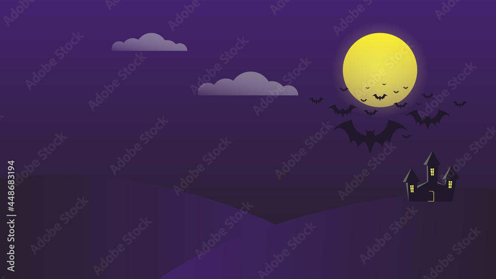 happy Halloween holiday party background with full moon and bats flying in night sky above haunted castle on hills cartoon flat style with copy space 