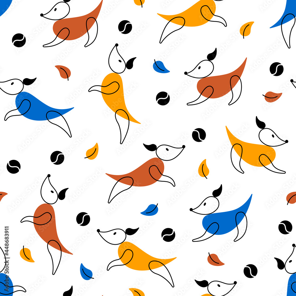 seamless pattern with dogs playing ball. vector autumn background with funny animals for printing on children's clothing, textiles, stationery and wrapping paper
