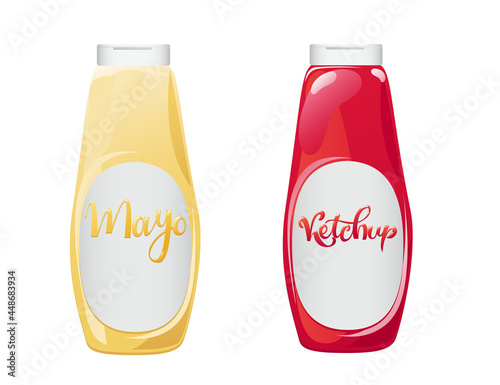 Ketchup and mayonnaise in the bottles with label set. Vector illustration in flat cartoon style.