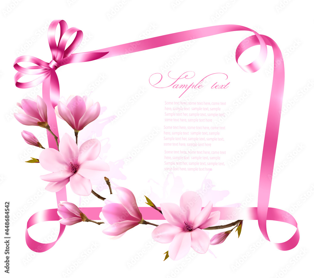 Nature Background With Blossom Branch Magnolia Pink Ribbon Vector