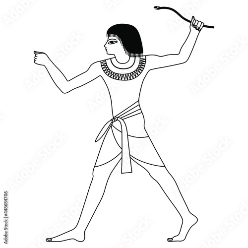 Standing ancient Egyptian man or pharaoh holding a snake wand. Black and white linear silhouette. Isolated vector illustration.