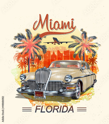 Miami typography for t-shirt print with palm and retro car.Vintage poster.
