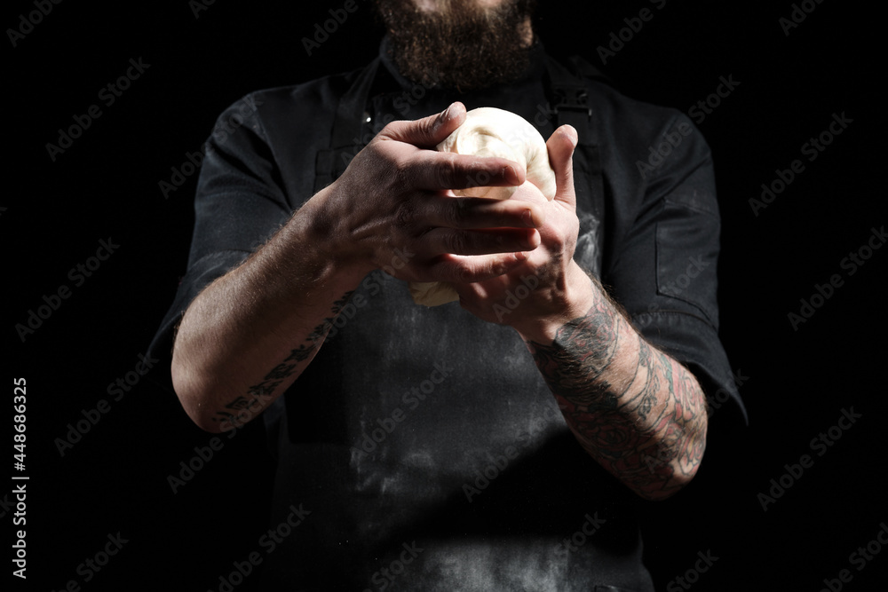 Chef knead dough in hands
