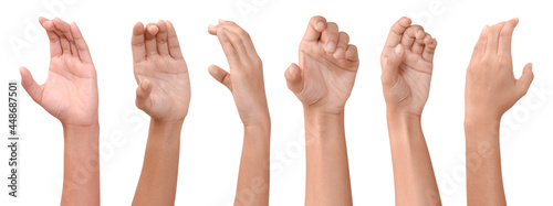 group hand holding something like a bottle or smartphone on white backgrounds, isolated