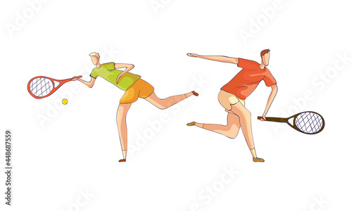 Man Athlete in Sportswear with Racket Playing Tennis Vector Set