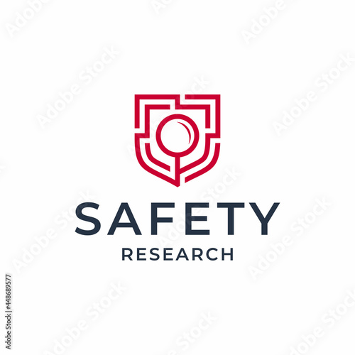Magnifying glass shield security tech outline logo design