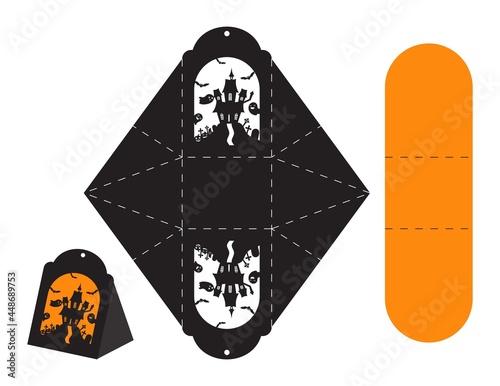 Happy Halloween treat box. Gift party favor box for sweets, candies, small presents, bakery. Simple packaging die cut template for laser cut with trees, house and bats.