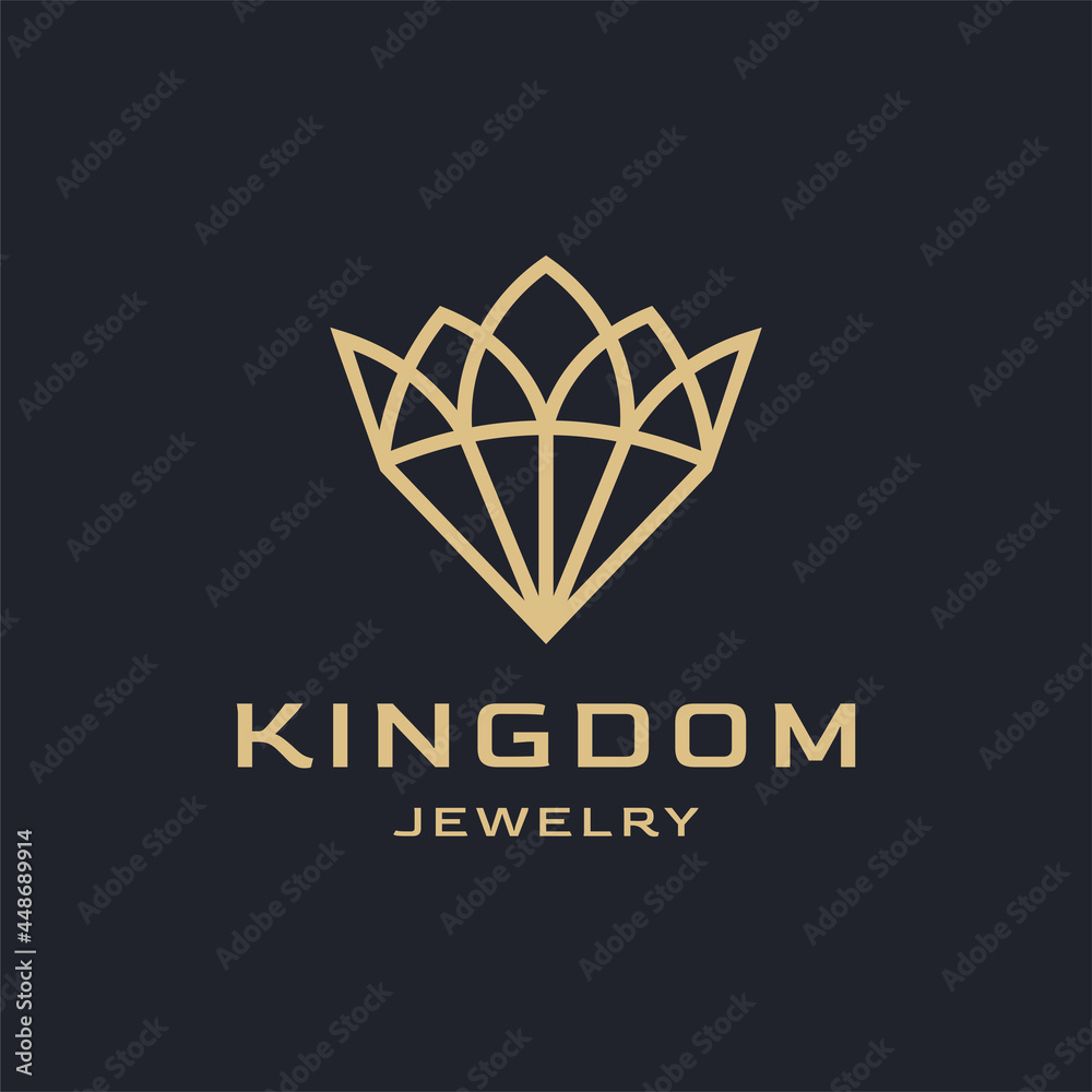 Crown Jewelry kingdom line outline luxury logo design isolated on black background