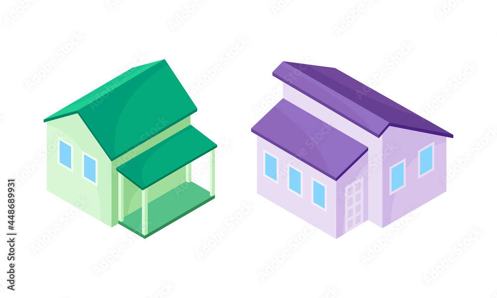 Detached House or Residence as Free-standing Building Isometric Vector Set