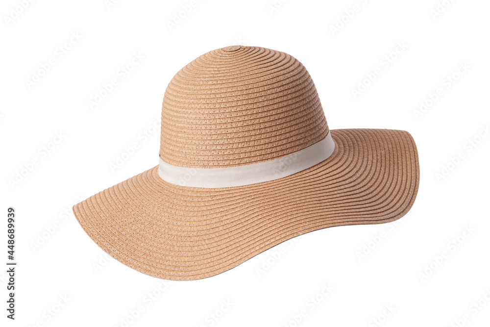 Vintage Panama hat, Womens summer yellow straw hat with the white ribbon on white background. - obrazy, fototapety, plakaty 