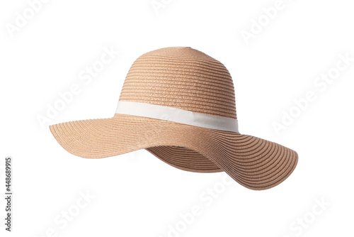 Tableau sur toile Vintage Panama hat, Womens summer yellow straw hat with the white ribbon on white background