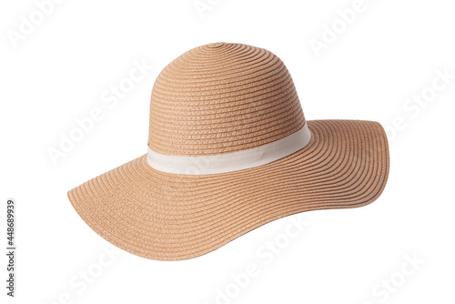 Vintage Panama hat, Womens summer yellow straw hat with the white ribbon on white background. photo