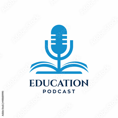 microphone on book education podcast simple concept logo design illustration