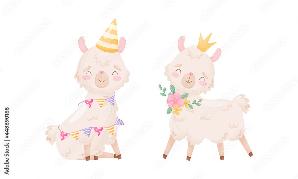 Obraz premium Cute Llama or Alpaca Wearing Birthday Hat and Golden Crown Vector Set