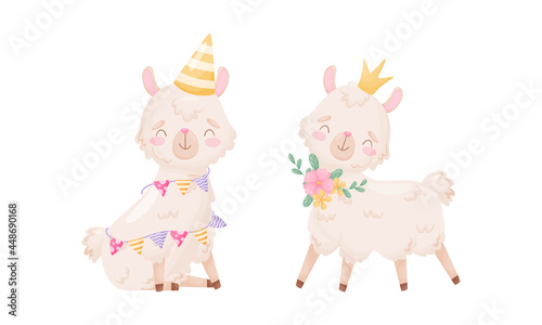 Cute Llama or Alpaca Wearing Birthday Hat and Golden Crown Vector Set