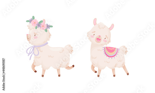 Cute Llama or Alpaca Walking with Floral Wreath Vector Set