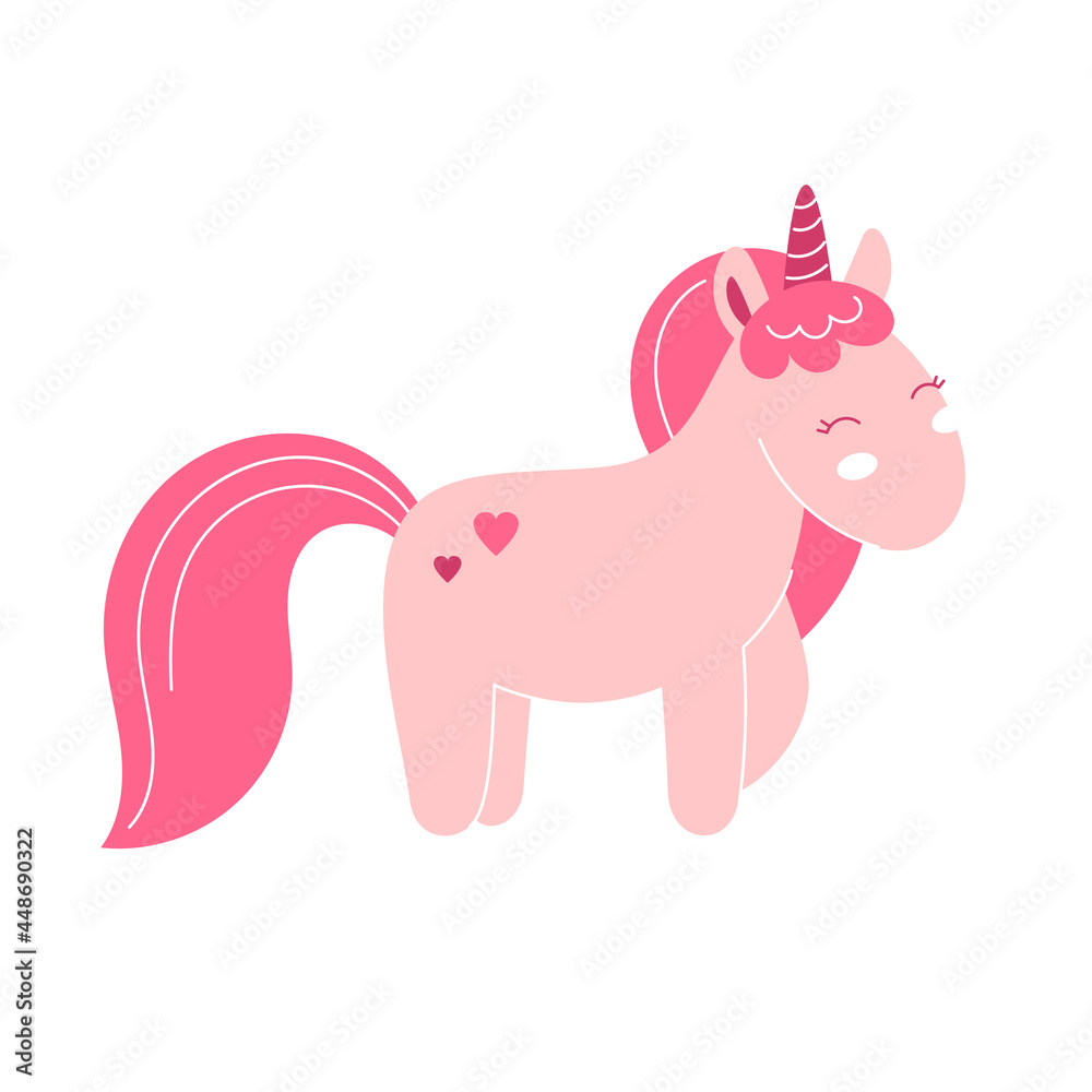 Fototapeta premium Cute fairy unicorn, nursery decor, baby clothes print, poster. Vector illustration in flat style isolated on white background, child character, pony, horse