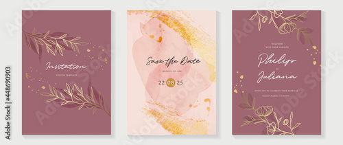 Abstract art background vector. Luxury invitation card background with golden line art flower and botanical leaves  Organic shapes  Watercolor. Vector invite design for wedding and vip cover template.