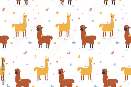 Fototapeta Naklejka Na Ścianę i Meble -  Seamless pattern of honey female Llama and brown male Alpaca and flowers. Creative children's texture. Vector illustration is great for fabric, textiles