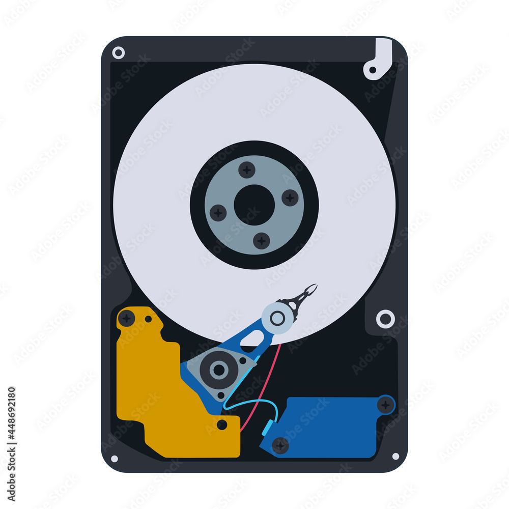 The hard drive. A storage device based on the principle of magnetic recording, designed for storing data, files and programs. Vector illustration isolated on a white background for design and web. - obrazy, fototapety, plakaty 