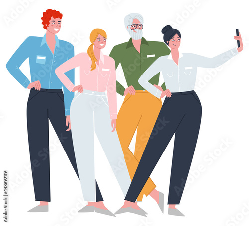 A girl with a large company taking photos of herself and friends of colleagues on the phone. Fashionable flat vector illustration