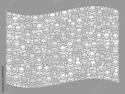 Mosaic waving white flag designed of piracy items. Hazard vector waving collage white flag constructed for rebel projects. Designed for political or patriotic agitation.