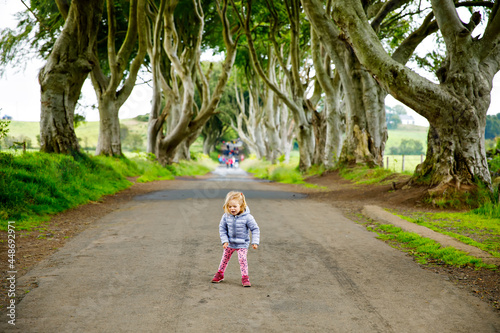 Cute toddler girl walking on a rainy day in the beginning of The Dark Hedges. Northern Ireland. Happy child visiting with parents and family famous Irish tree avenue