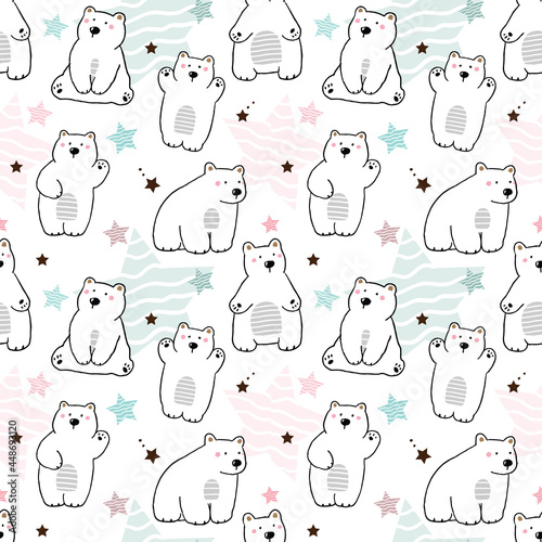 Seamless Pattern of Cute Cartoon Bear Illustration Design on White Background with Pastel Stars